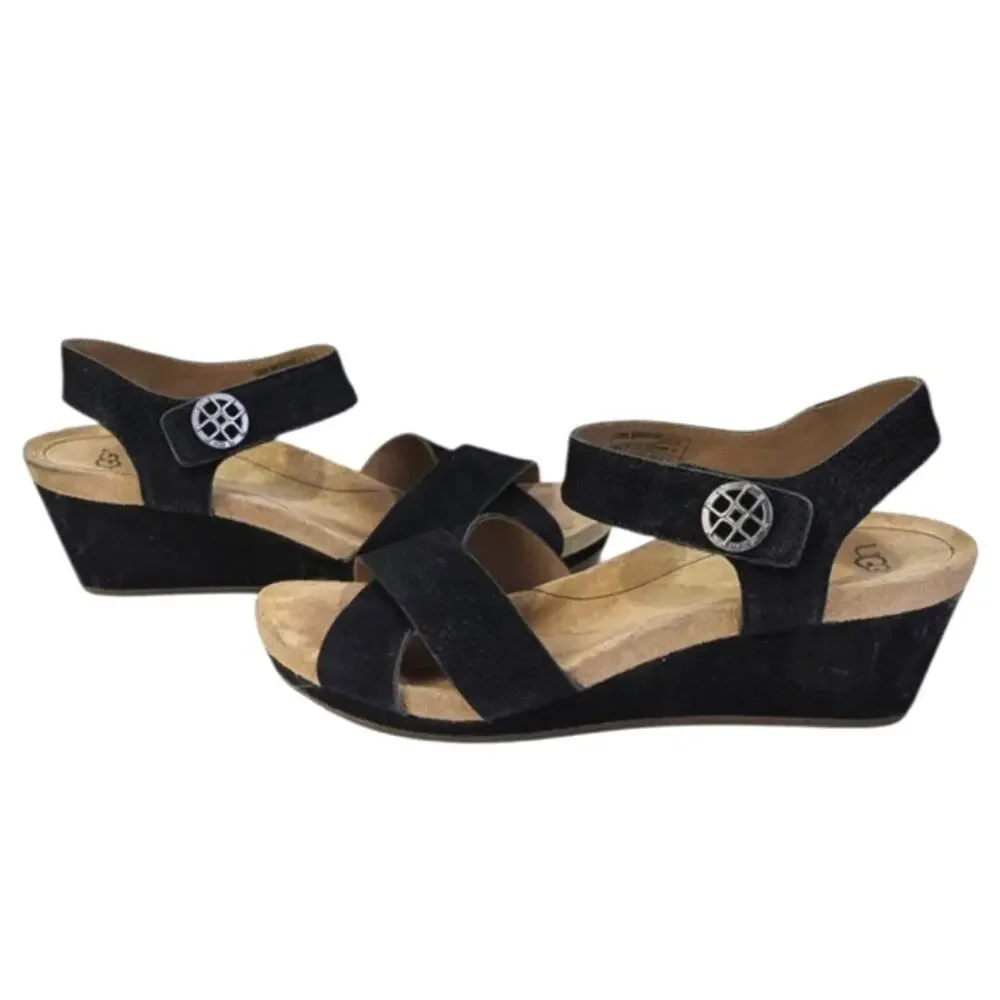 UGG Veva Ankle Strap Sandals Black Size 6.5  EUC  $129   S3640